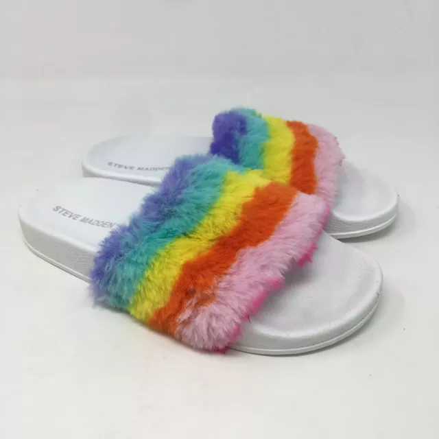 Steve Madden Girls Sandals White Size 4 JSmoothh Slides Slip On Rainbow Faux Fur