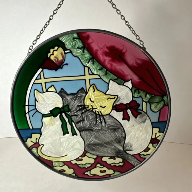 Cute Kittens Stained Glass Sun Catcher Handmade Round w/Hanging Chain
