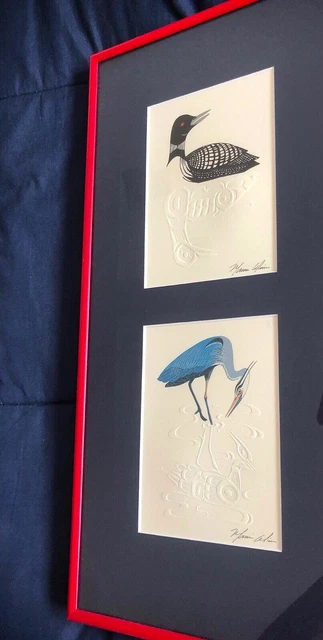 2 Hand Cast Paper Sculptures/ Watercolor 3D signed~ Original Duck, Crane~Framed