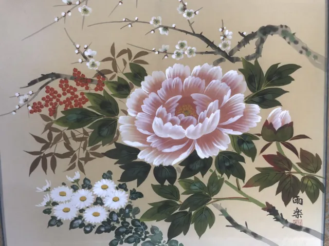 Japanese Handpainted Hanging Scroll Spring Flowers On Silk Signed