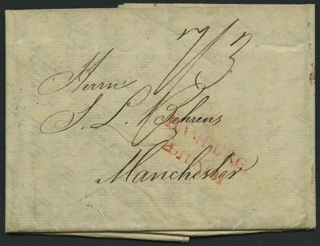 HAMBURG 1817, HAMBURG., roter L2 Turm auf Brief n. Manchester, feinst