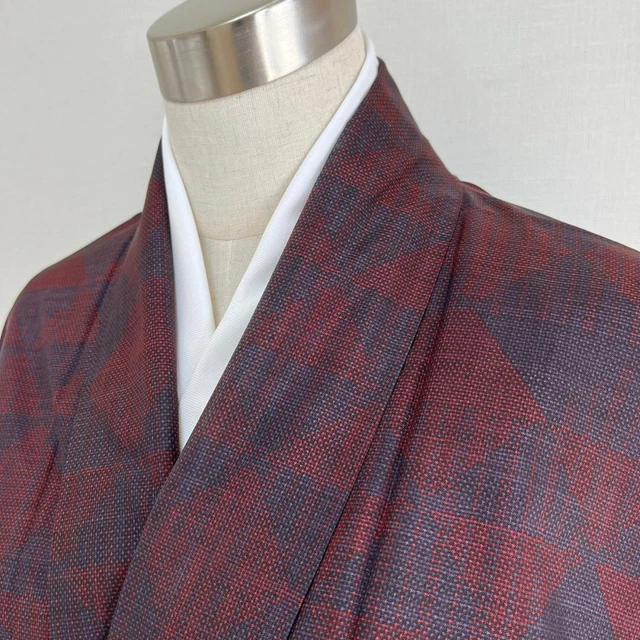 Japanese Kimono Oshima Tsumugi Silk Pongee 162cm Triangle Pattern Red/Blue