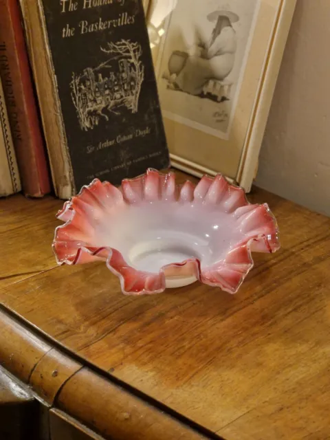 Antique Victorian Cranberry Pink Opaline Glass Enamel Ruffle Bride Basket Bowl 3