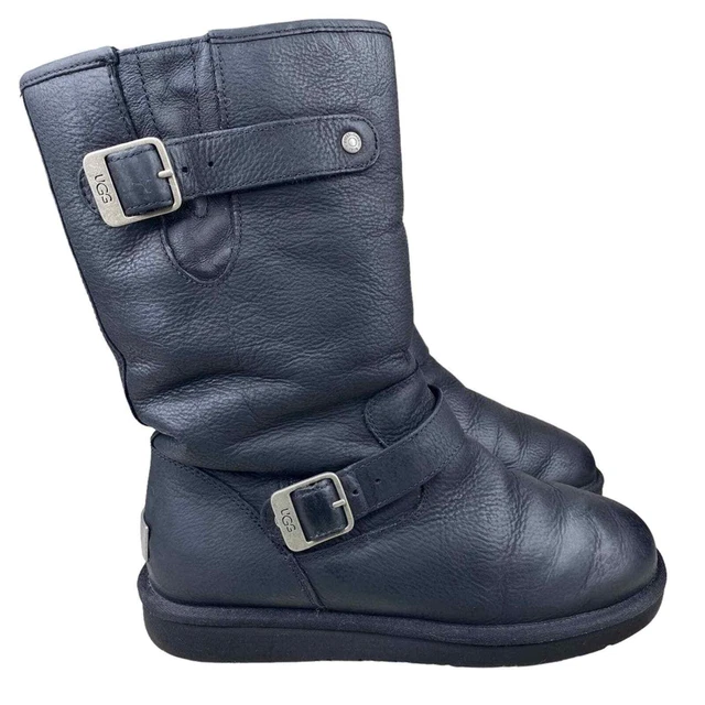 UGG Women’s Kensington Black Leather Moto Biker Boot Size US 9