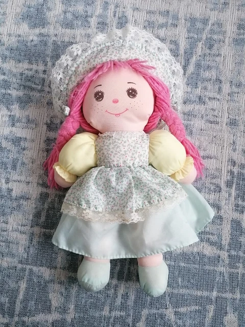 Vintage Dolly Mine 12" Rag Doll Plush Soft Toy Braided Hair Floral Dress & Hat