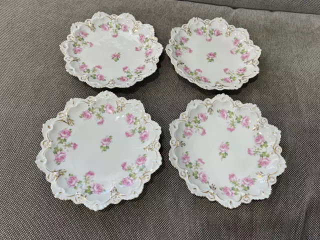 Antique Moritz Zdekauer Porcelain Set of 4 Plates w/ Pink Roses Decoration