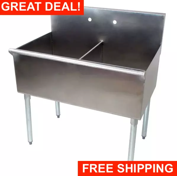 36" 2 Compartment 18" x 21" x14 Stainless Steel Commercial Utility Prep Two Sink