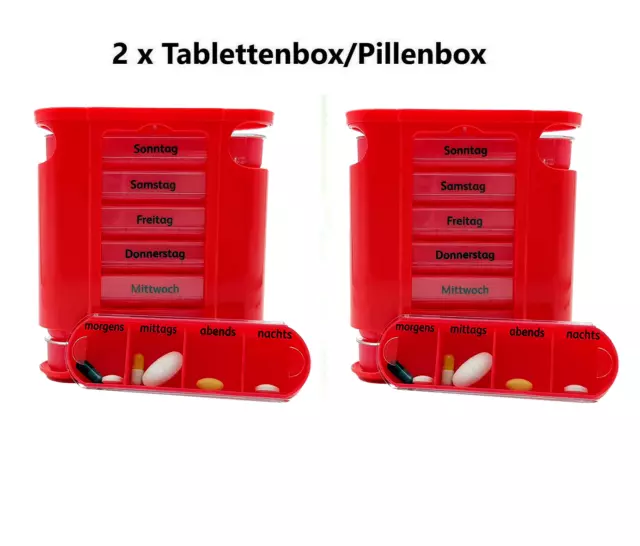 2 Stück Pillendose 7 Tage Pillenbox Pillenturm Tablettenbox Medikamentenbox rot