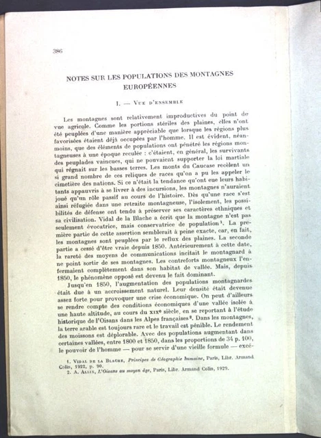Note sur les populations des Montagnes européennes; Peattie, R.:
