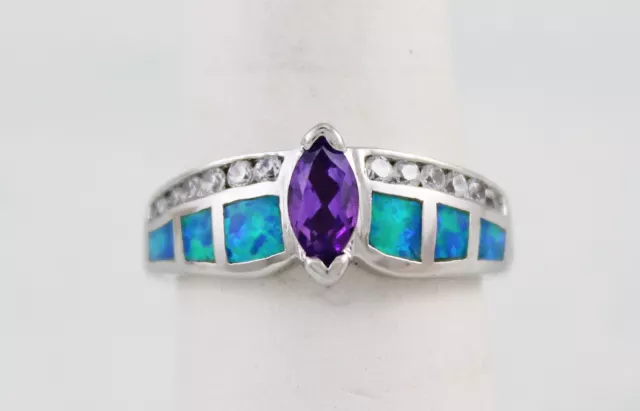 Lab-Created Fire Opal &Marquise Amethyst 8X4 mm & 12 CZ Ring Sterling # 6 or 7