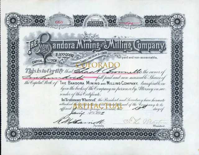 BANDORA MINING & MILLING COMPANY stock certificate SILVERTON COLORADO 1892