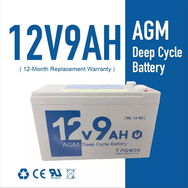 Tpower Brand NEW 12V 9AH SLA AGM Deep Cycle Battery Same Size as 12V 7ah/7.2ah