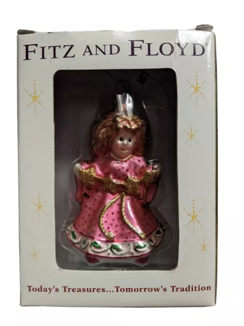 Fitz and Floyd Glass Pink Angel Ornament Holiday Christmas 5” Tall ~ 2004