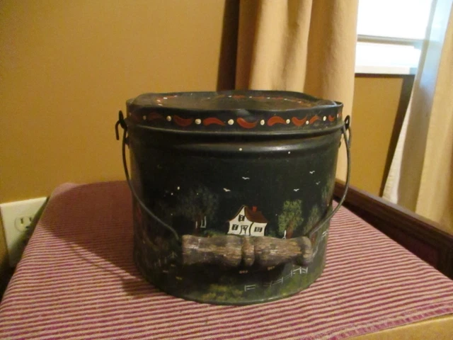 Primitive Tin Pail With Lid And Bail Handle--Painted--Prim Farm Scene