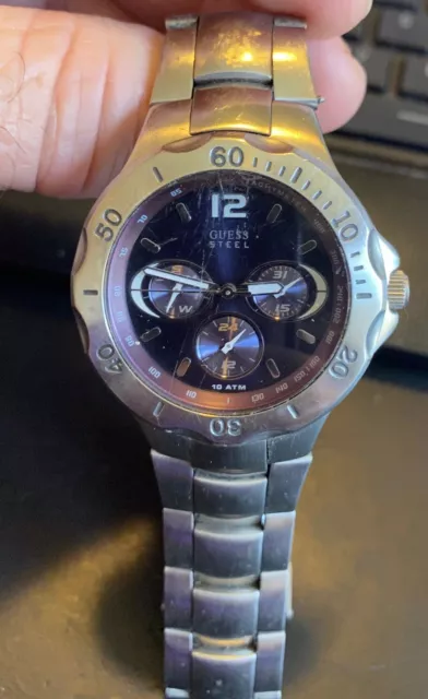 MEN S GUESS STEEL Waterpro Watch WR to 10 ATM Blue Face 21.99