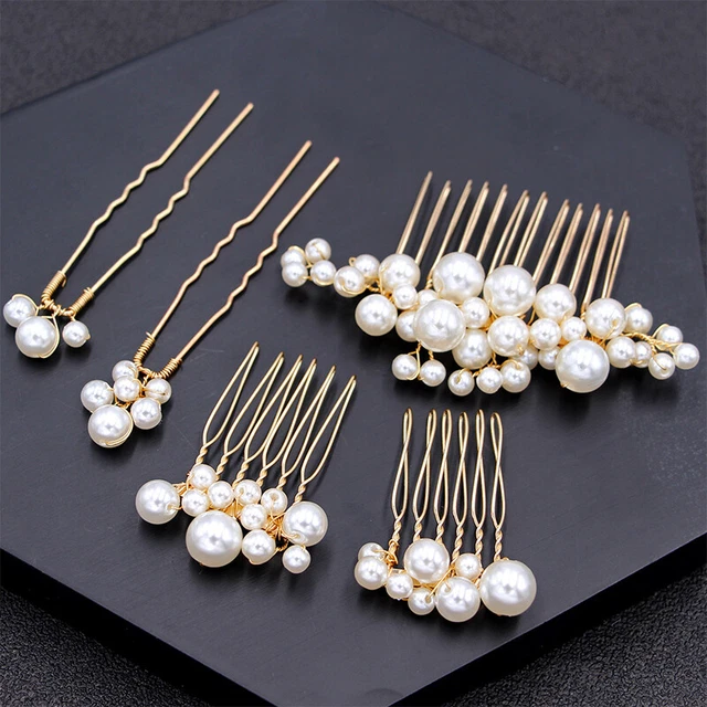 5 Stück / Satz Perlen Hochzeit Haar Kamm Braut Pins Clips Damen Kopfschmuck *J