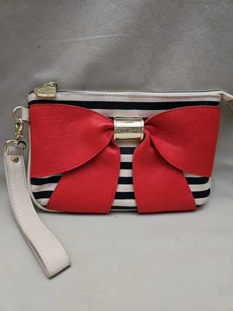 Betsey Johnson Wristlet Clutch Purse Navy Blue & Beige w/Red Bow NEW W/O TAGS