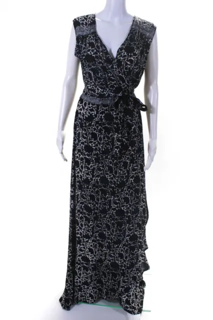Natalie Martin Womens 100% Silk Sleeveless Tie Long Wrap Dress Blue Black Size L