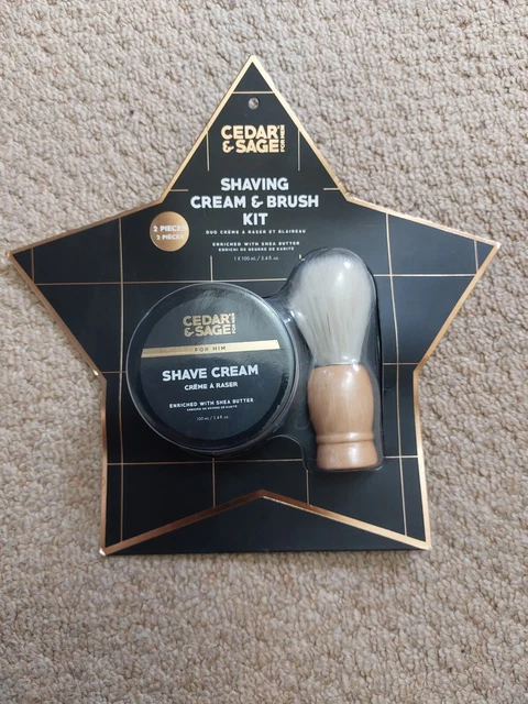 Juego de crema y cepillo de afeitar de cedro y salvia - nuevo en caja