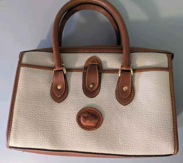 Vtg Dooney & Bourke Ivory Brown Pebbled Leather Satchel Hand Bag Double Handle
