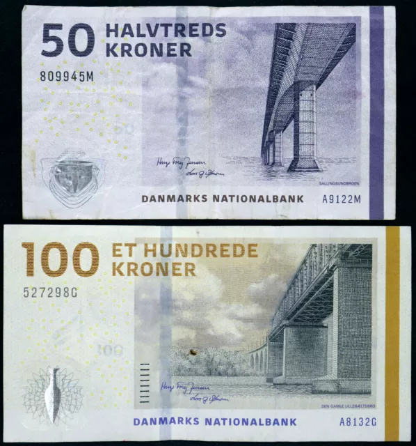 DENMARK 2009 50 + 100 Kroner $21.69 Face Value P-65 P-66 Banknote Lot