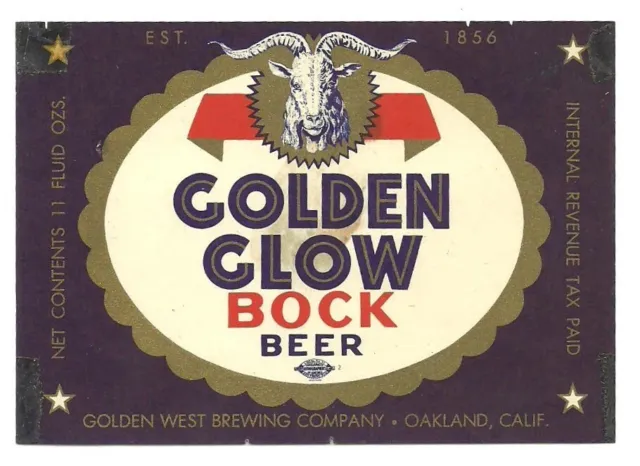 Golden Glow Bock Beer Label, IRTP, Golden West Brewing, Oakland, CA 11 oz