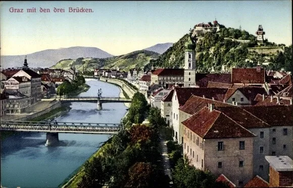 Ak Graz Steiermark, Drei Brücken und Schlossberg - 3789015