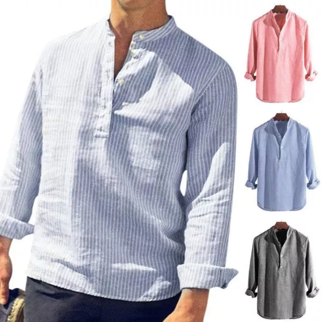 Mens Long Sleeve Retro Striped Shirt Grandad Collar Casual Shirts Top Plus Size