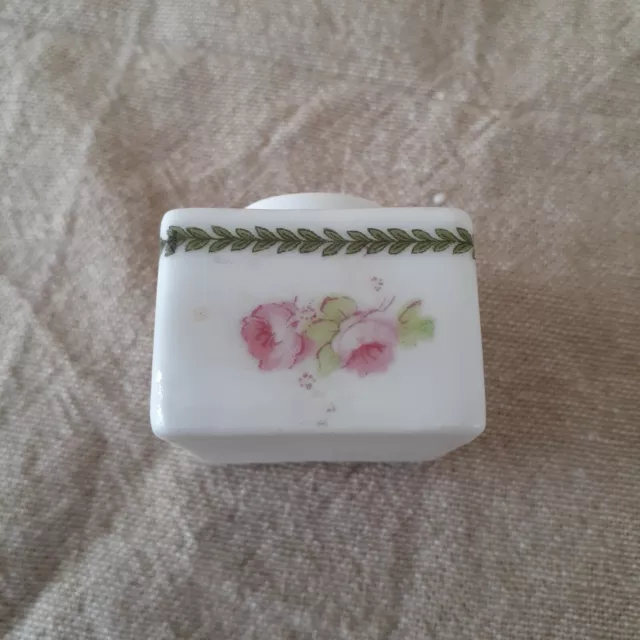 Vintage Ceramic China Inkwell Painted Porcelain Ink Pot Pink Roses