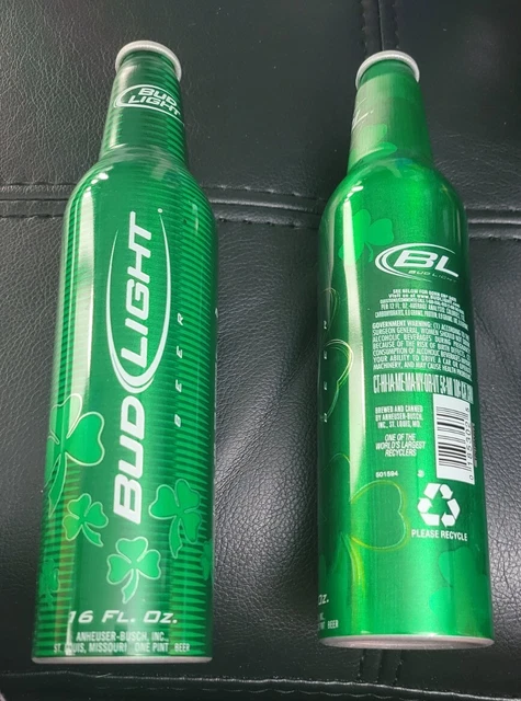 (2) Bud Light St. Patricks Day Aluminum Beer Bottle Empty W/O Cap