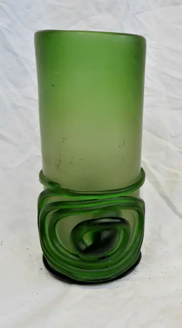 Vintage Heavy Green Glass Vase - Hand Blown and Worked
