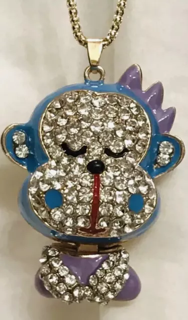 Betsey Johnson Blue Purple Enamel Rhinestone Crystal Monkey Pendant Necklace NWT