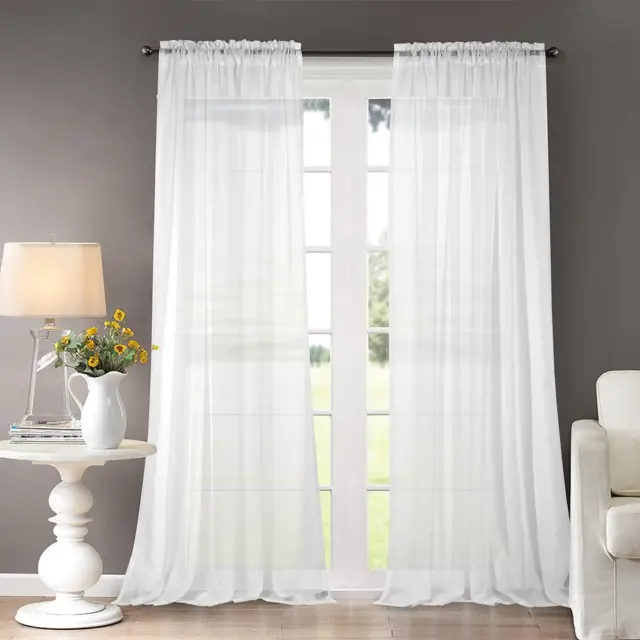 Solid Sheer Curtains Draperies White Rod Pocket 2 Panels 52" W X 96" L