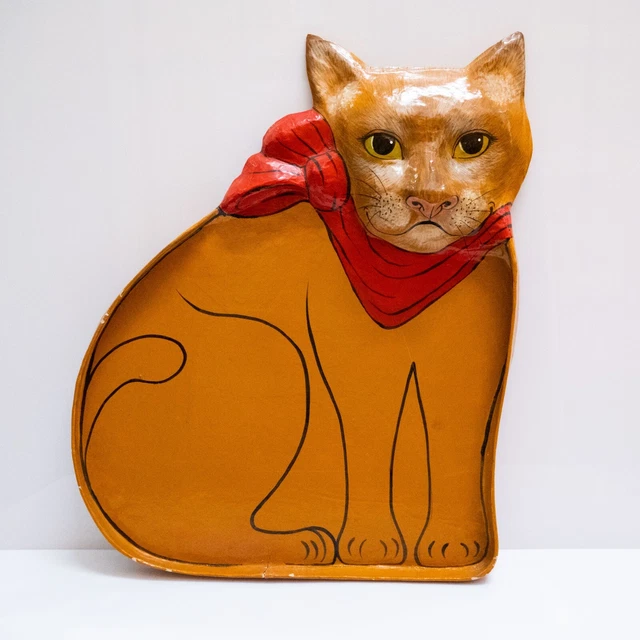 Vintage Katze Wandplatte Pappmaché 49x61cm Signiert Chaiyot Wand Deko Tablett