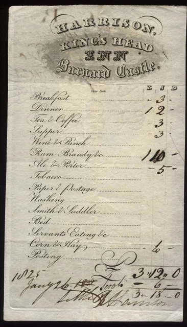 1825 Rare BARNARD CASTLE superb Coaching Inn receipt HARRISONS-KINGS HEAD INN