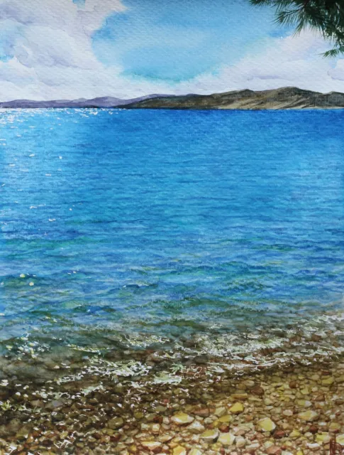 Seascape Pine Landscape Watercolor Painting Original Adriatic Sea View Art