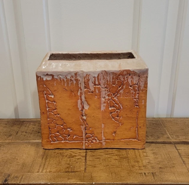 MID CENTURY MODERN Brutalist Sculpted Art Pottery Square Vase Signed ...