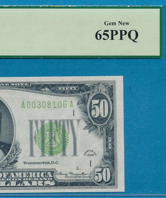 $50. 1934 Boston Light Green Seal  Federal Reserve Note  Beautiful Pcgs 65Ppq