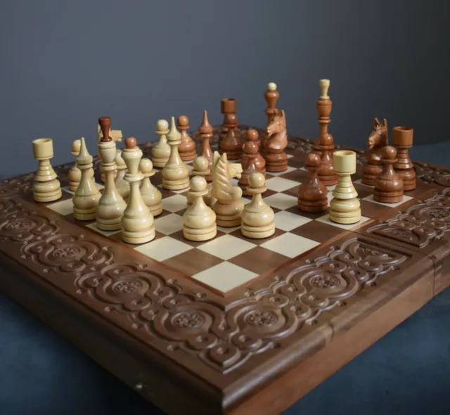 Antique Style Handmade Unique Chess Set, 3-in-1 with checkers and backgammon