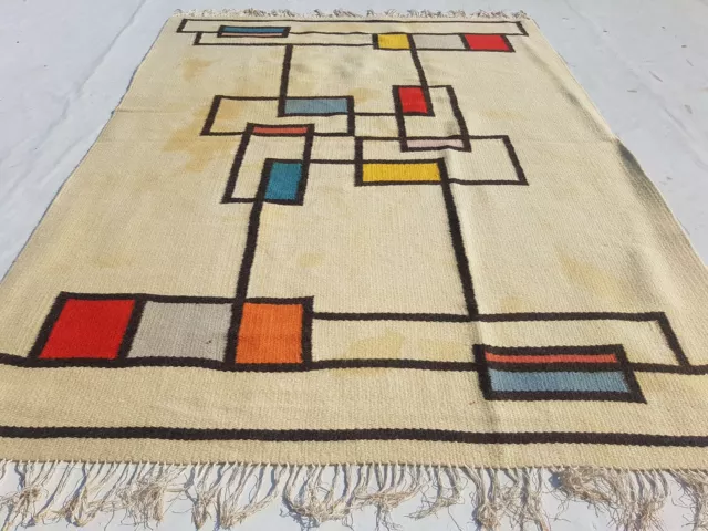 Vintage Handmade Traditional Geometric Beige Kilim Floor Rug Carpet 227x172cm