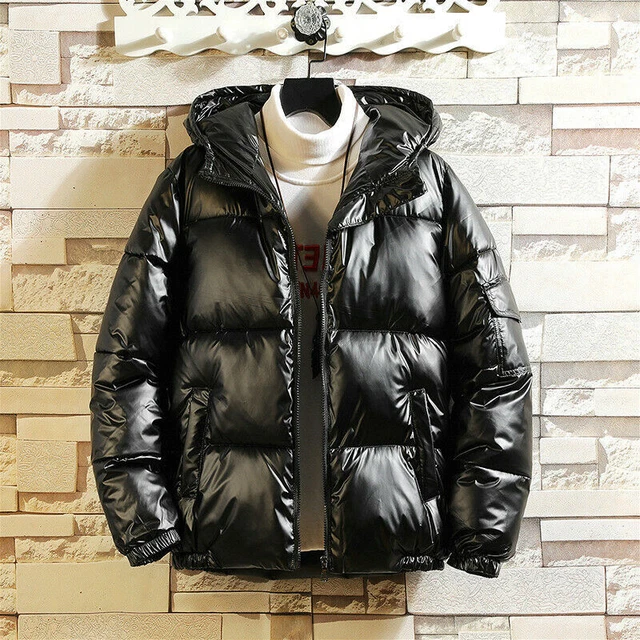 Mens Casual Hooded Puffer Jackets Shiny Parka Quilted Padded Loose Warm Outwear