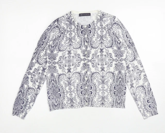 Cardigan da donna bianco Marks and Spencer collo rotondo paisley viscosa taglia 1