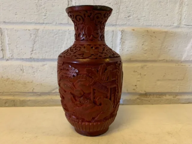 Antique Red Chinese Cinnabar Relief Lacquer Gourd Shaped Vase w/ Immortals Dec.