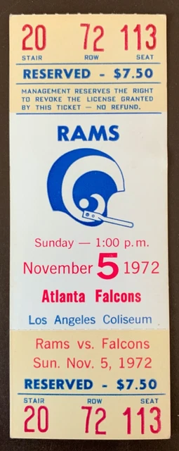 Los Angeles Rams 11/5/1972 ORIGINAL NFL ticket vs Atlanta Falcons