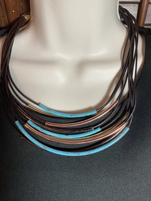 Charming Charlie 9 strand leather fashion turquoise Color Multi Layer necklace