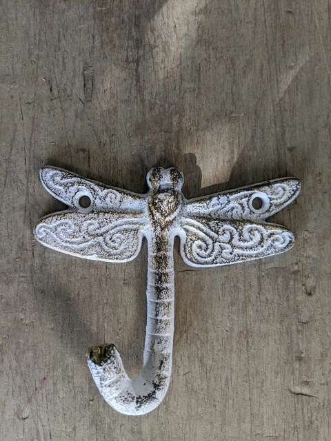 Single Vintage Style Dragonfly Rustic Hook Cast Iron Wall White Gold shabby