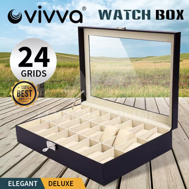 VIVVA Leather Watch Jewelry Display Storage Holder Case 24 Grids Box Organizer