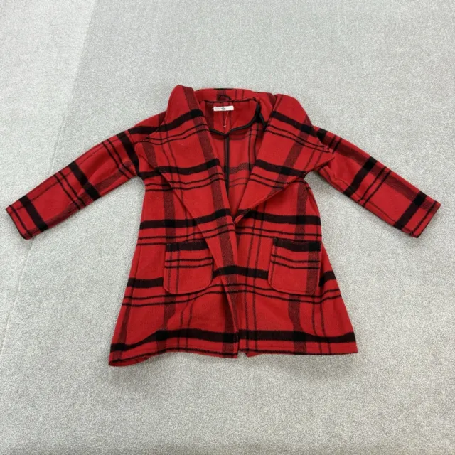 M&S Kids Girls Coat Red 9-10 Years Tartan Plaid Check Open Front Wool Blend VGC