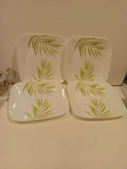 Corning Corelle  Vitrelle Bamboo Leaf Square Dinner Plate 10.5" Set of 4 Unused