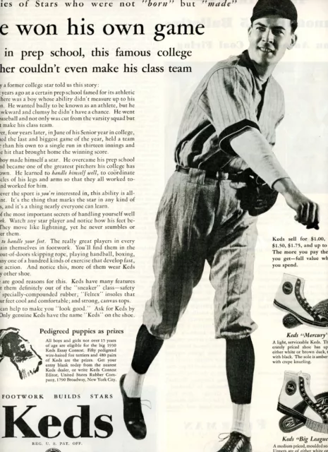 1930 Original KEDS High Top SNEAKERS Big Page Ad. Vintage Baseball Pitcher
